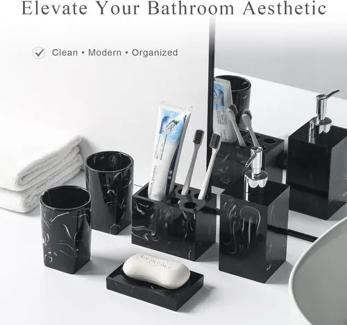 Miniatura 5 de Juego de accesorios para encimera de baño de 5 piezas, dispensador para jabón líquido o loción, jabonera, soporte para cepillos de dientes y 2