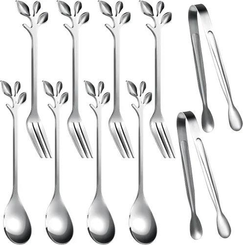 Miniatura 8 de Sieral 10 cucharas de café de hojas, mini pinzas para servir y tenedores de aperitivo, pinzas de acero inoxidable, cucharas de postre, tenedores