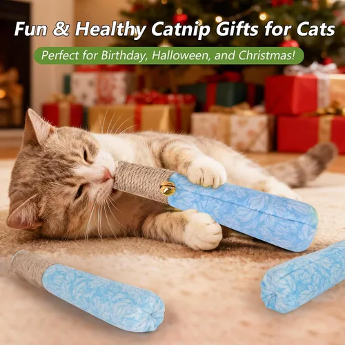 Miniatura 7 de Paquete de 3 juguetes de hierba gatera para gatos, divertidos juguetes para gatos con cuerda dental y cascabel, juguetes 100% orgánicos de hierba