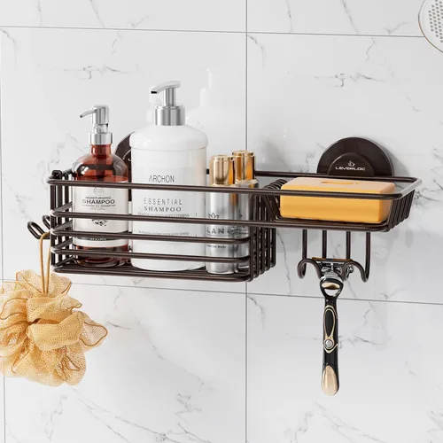 Miniatura 14 de LEVERLOC Cesta de ducha con ventosa, cesta de ducha con ganchos y jabonera para baño, organizador de ducha para baño sin necesidad de taladrar