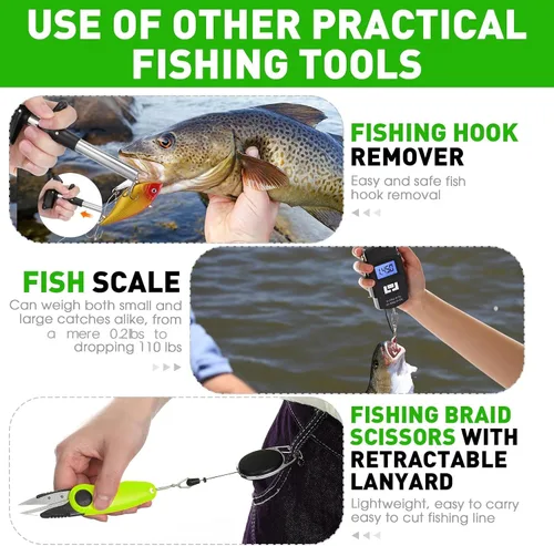 Miniatura 5 de RoundFunny Kit de herramientas de pesca de 10 piezas, alicates de pesca con cordón y fundas protectoras, salabre, cuchillo de filete, balanza
