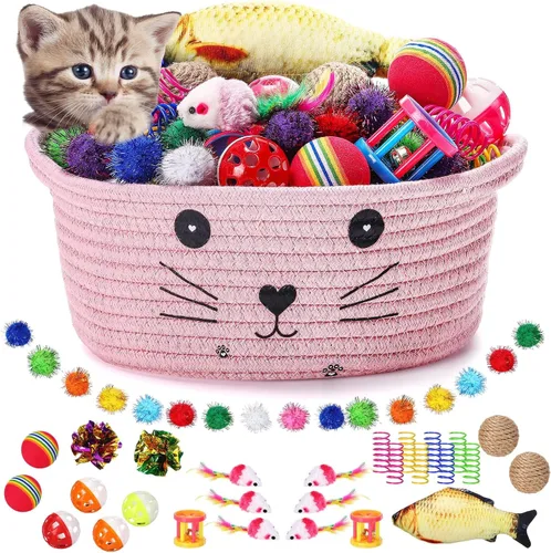 Miniatura 15 de Zopeal - Juego de 58 cestas de almacenamiento para gatos de verano, juguetes de regalo, bolas intermitentes coloridas para mascotas, bolas Negro