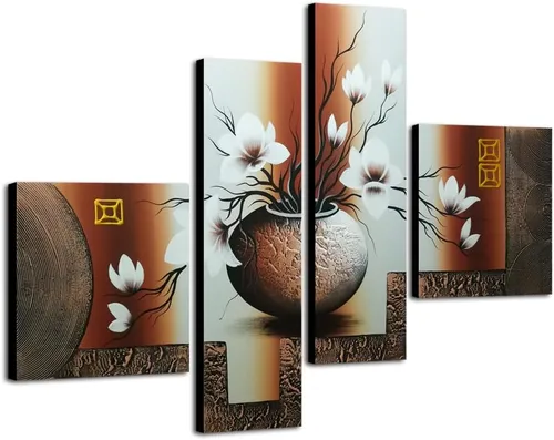 Miniatura 6 de Wieco Art - Arte para pared en lienzo moderno estirado y con marco, 100% pintado a mano, flores elegantes para decoración del hogar, pinturas