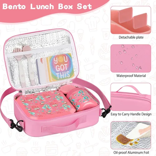 Miniatura 4 de wiwens Lonchera Bento para Niños con Termo para Sopa de 12 oz a Prueba de Fugas, Contenedor de Comida para Almuerzo con 5 Compartimentos, Frasco