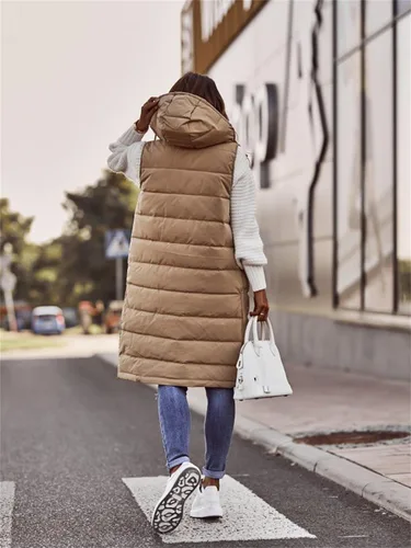 Miniatura 5 de Chaleco largo para mujer, sin mangas, acolchado, con cremallera, capucha, abrigo de invierno cálido, ligero, con bolsillos