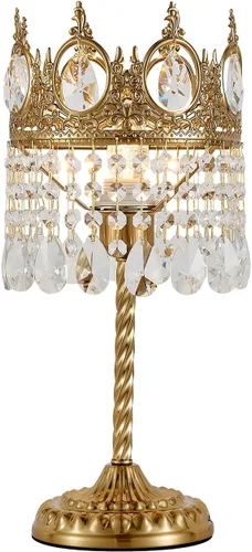 Lámpara de mesa de cristal dorado de 17 pulgadas para dormitorio, bonita lámpara de noche con forma de corona para mesita de noche, moderna lámpara