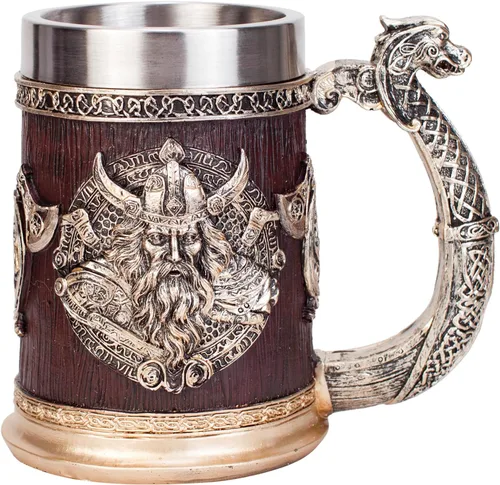 Miniatura 2 de Viking - Jarra de barril de madera creativa pintada a mano, jarra de cerveza de resina pintada a mano, taza de café 304 SS Liner Copa de vino hecha