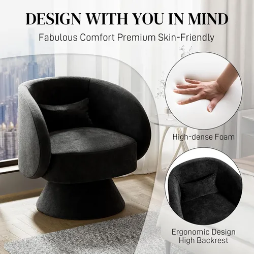 Miniatura 3 de Silla Giratoria de Barril, Sillas Giratorias de Acento Acolchadas Cuddle Tapizadas para Sala de Estar, Cómoda Silla Giratoria Redonda Pequeña Negra
