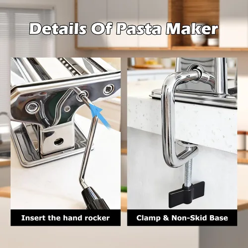 Miniatura 6 de Máquina para hacer pasta con 7 ajustes de grosor ajustable, máquina manual de fideos de acero inoxidable, rodillo y cortadores de pasta con mango