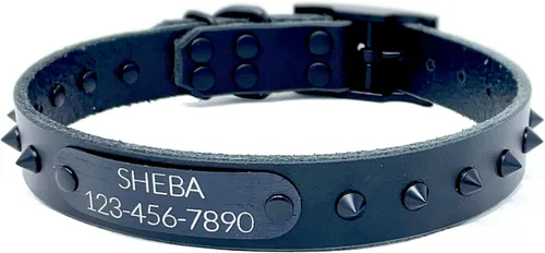 Miniatura 9 de Personalized Spiked Bridle Leather Dog Collar, Engraved Matte Black Metal Nameplate (Mustard Yellow)