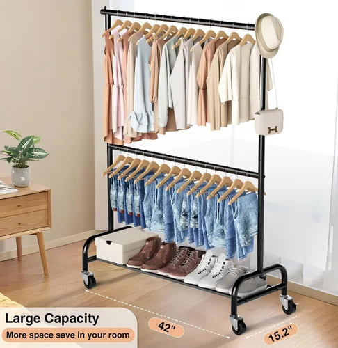 Miniatura 4 de MISSLO Perchero resistente para ropa con doble varilla para colgar, estante de ropa enrollable, armario de closet con ruedas, metal, ajustable, negro