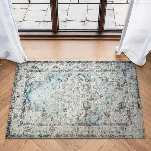 Bloom Rugs - Alfombra lavable, antideslizante, de 0,61 x 0,91 m, color beige y azul, tradicional oriental, para sala de estar, dormitorio, comedor y