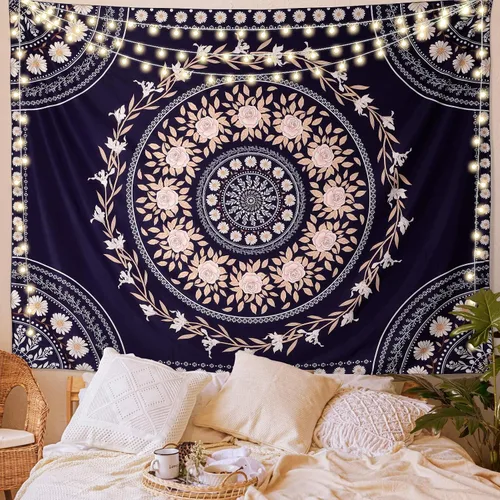 Miniatura 2 de FLY SPRAY Tapiz estético de mandala, tapices bohemios para colgar en la pared, tapiz de medallón floral de rosa oscura, arte de pared bohemio