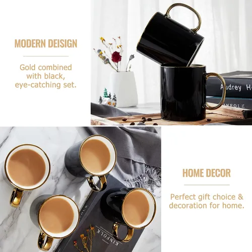 Miniatura 4 de DUJUST Juego de 4 tazas de café negras (16 onzas), diseño moderno y elegante con adornos dorados hechos a mano, juego de tazas negras y doradas