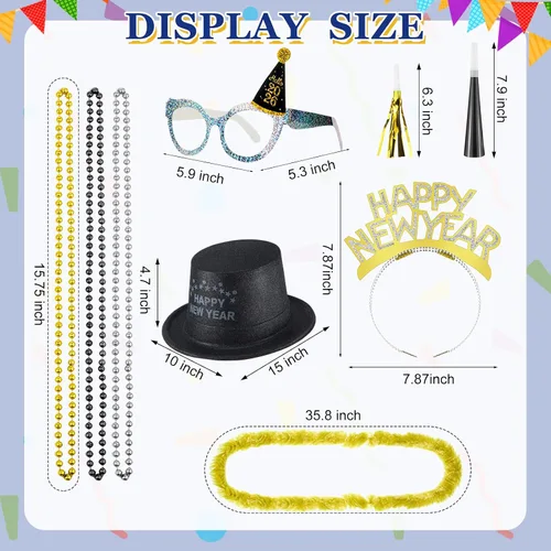 Miniatura 2 de Silipull 192 piezas de suministros de fiesta de Nochevieja 2026 para 48 invitados – Gorros Top Tiaras, Diademas, gafas, collar de cuentas, cuernos