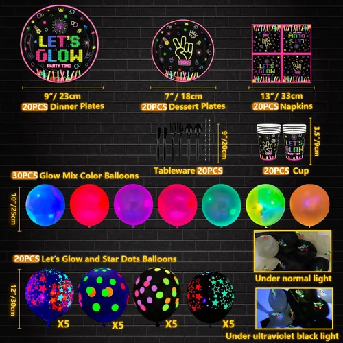 Miniatura 7 de 231 piezas de suministros de fiesta de neón que brillan en la oscuridad, decoraciones de fiesta de luz negra, juego de vajilla para fiesta, platos