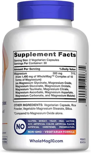 Miniatura 2 de WholeMag Complejo de suplementos de magnesio 60 cápsulas vegetarianas Apoya la salud muscular, ósea y nerviosa* Fórmula 10 en 1