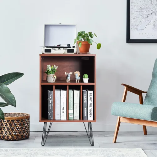 Miniatura 5 de Tangkula Record Player Stand, Turntable Stand with Metal Legs, Vinyl Record Storage Cabinet w/ 5 Open Shelves Holds up to 150 Albums for Living Room