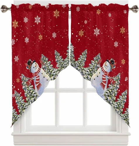 Miniatura 24 de BEMIGO Cortinas de cocina de Navidad, lindas cortinas de granja con muñeco de nieve azul, cenefa con bolsillo para barra de copos de nieve