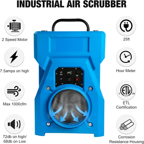 Miniatura 7 de MOUNTO Purificador de aire industrial portátil de 1000 cfm, depurador de aire negativo, potente motor de 1HP, filtro HEPA verdadero, 2 velocidades
