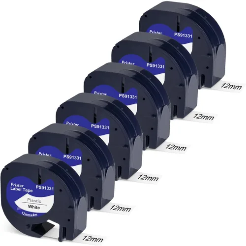 Pristar 6 x 91331 S0721660 - Cinta de etiquetas de plástico blanca de 1/2" x 13' compatible con Dymo LetraTag 91331 para Dymo LetraTag LT-100H Negro