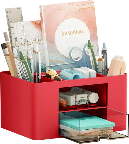 Miniatura 10 de Marbrasse Organizador de bolígrafos con 2 cajones, portaplumas multifuncional para escritorio, organizadores de escritorio y accesorios con 5