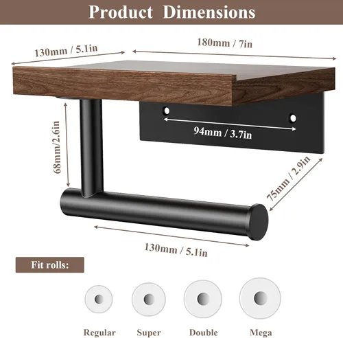 Miniatura 3 de Tindbea Portarrollos de papel higiénico con estante de madera, soporte de rollo de papel higiénico de madera para montaje en pared, accesorios
