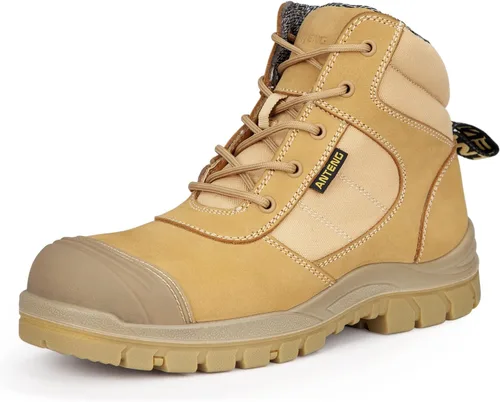 Botas de trabajo para hombre, piel nobuck con puntera de acero, cremallera YKK, 6 pulgadas, SD, antipinchazos (AT501, trigo)