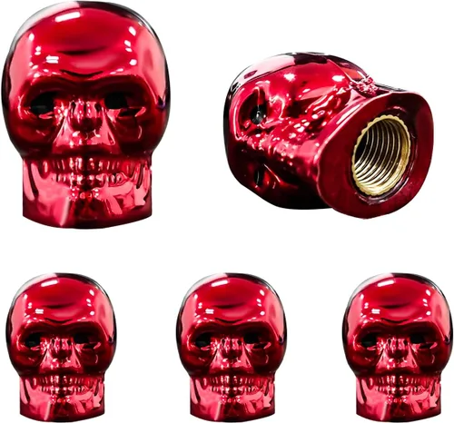 Miniatura 7 de Dickno 5 tapas de vástago de válvula de neumático estilo calavera con anillo de goma, cubiertas de tapones de aire de coche con ojos rojos, tapas