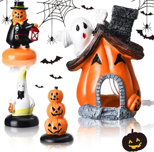 Blulu 4 piezas de decoraciones de Halloween para pecera, figuras en miniatura para interiores y exteriores, resina, fantasma, calabaza, casa de