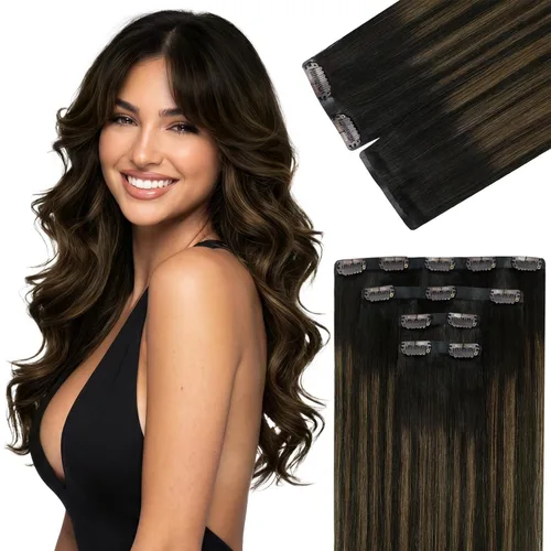 Miniatura 21 de Ve Sunny Extensiones de cabello clip-in de cabello humano real con reflejos, extensiones de cabello con clip para cabello corto, marrón oscuro