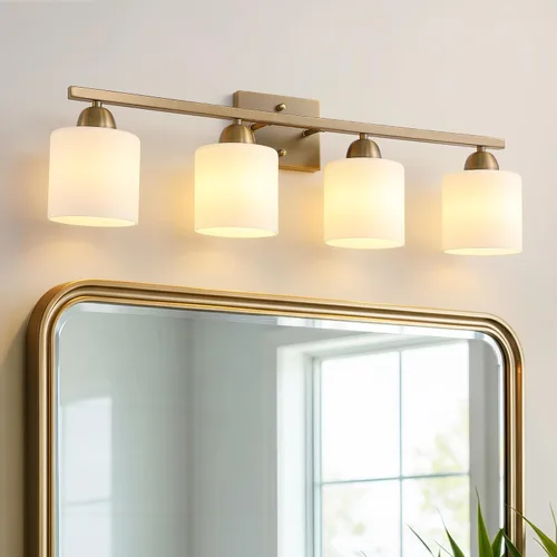 Miniatura 18 de Mecgirn Luces de tocador de vidrio de leche de acero inoxidable para baño, 2 lámparas de baño doradas claras sobre espejo, enchufes E26 de cerámica