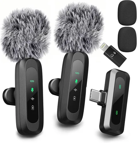 Miniatura 4 de Mini micrófono mejorado para iPhone, Android/iPad PC con pantalla LED, micrófonos inalámbricos con clip, micrófono Lavalier USB C con cancelación