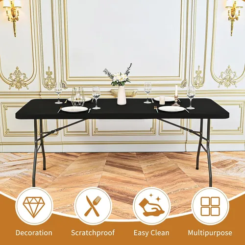 Miniatura 4 de Paquete de 12 fundas de tela elástica para mesas de 6 pies, fundas de mesa de elastano negro, protector universal rectangular para interiores