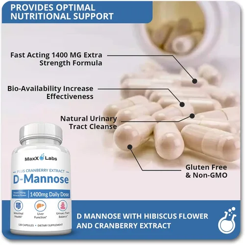 Miniatura 3 de Cápsulas de D-Manosa MaxX Labs - Cápsula de D-Manosa Extra Fuerte de Acción Rápida de 1400 MG para la Salud de la Vejiga con Potente Extracto