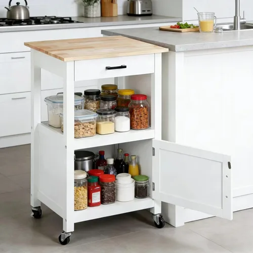 Miniatura 2 de ZENY Carrito de isla de cocina rodante con armario de almacenamiento y estante, carrito de cocina con cajón sobre ruedas, barra de café pequeña