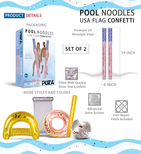 Miniatura 2 de POZA Flotador inflable de piscina de Estados Unidos – Lujosa tumbona divertida llena de confeti de estrellas plateadas brillantes, diseño de bandera