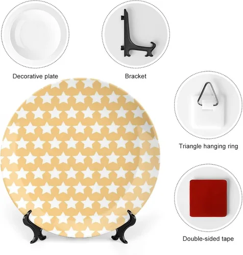 Miniatura 3 de XISUNYA Plato decorativo de 6 pulgadas, plato de porcelana amarillo y blanco, estrellas en tonos suaves, patrón elegante, adorno de impresión retro