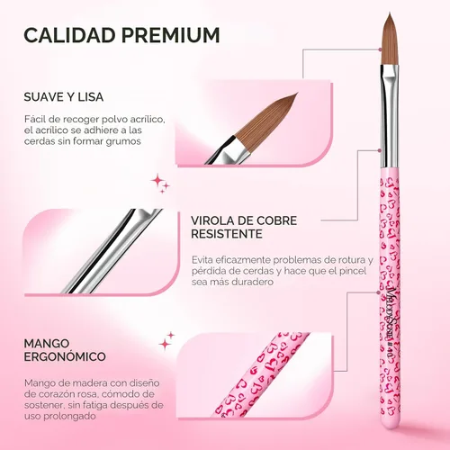 Miniatura 4 de MelodySusie Juego de 3 brochas acrílicas para uñas, tamaños 8/10/14, herramienta profesional de arte de uñas para aplicación acrílica, polvo, A-Rosa