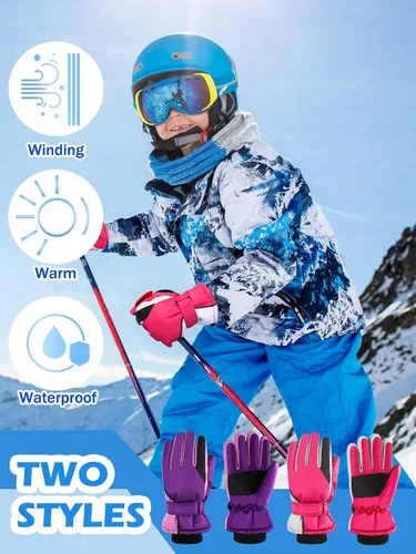 Miniatura 4 de Newcotte 2 pares de guantes de nieve de invierno para niños, guantes de esquí cálidos, guantes de esquí para niños, snowboard y nieve, guantes