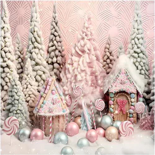 Miniatura 6 de Kate Decoración interior del árbol de Navidad de 7 x 5 pies Fondos de fotografía de pan de jengibre Candy House Pink Christmas Party Theme Kids