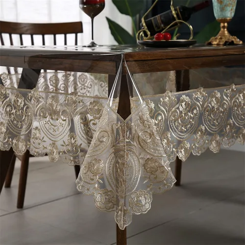 Miniatura 7 de Dimatic Mantel impermeable de plástico transparente, mantel redondo de vinilo PVC con encaje de macramé, a prueba de derrames de aceite, cubierta