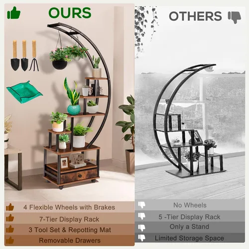 Miniatura 4 de 2 soportes para plantas de interior de media luna de 71 pulgadas de alto con ruedas bloqueables, estante para plantas de 14 niveles con cajón
