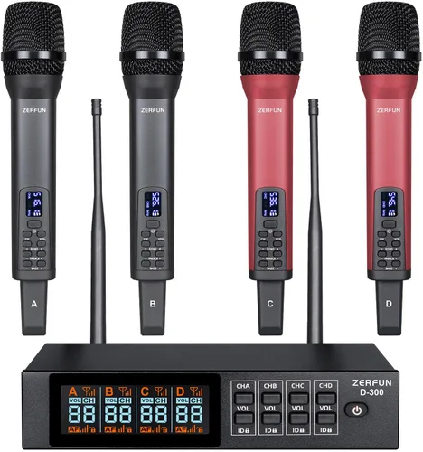 Sistema de micrófono inalámbrico recargable de 4 canales Pro, micrófonos inalámbricos de mano UHF con control VOL Echo Treble BASS, pantalla LCD,