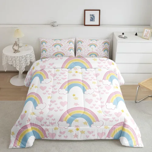 Miniatura 37 de Juego de Edredón de Princesa de Ballet para Niñas Tamaño Individual, Juego de Ropa de Cama de Castillo Arcoíris Kawaii Flores Lindas Mariquita Multi