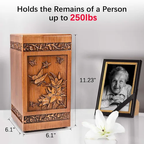 Miniatura 2 de Urnas de madera hechas a mano para cenizas humanas, adultos, machos y mujeres, 250 libras, grabadas con mariposa, caja de urna de cremación