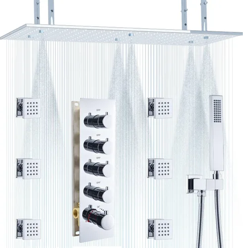 Miniatura 10 de Sistema de ducha de techo de niebla dorada cepillada con cabezal de ducha grande de doble función de 15.7 x 31.5 pulgadas, válvula de ducha Oro