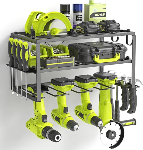 SUNALLY Organizador de herramientas eléctricas, hierro resistente, estante de almacenamiento de 3 capas con 4 soportes para taladro, estante