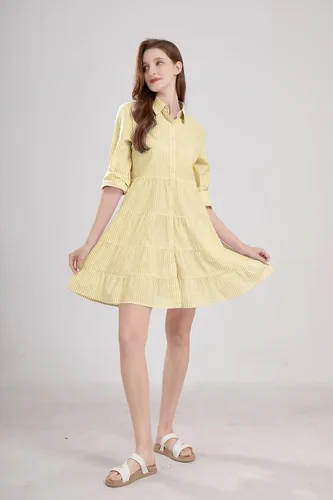 Miniatura 4 de utcoco Vestido camisero a rayas con botones para mujer, casual, holgado, con puños, manga larga, vestidos largos