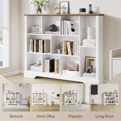 Miniatura 6 de Estantería de almacenamiento de 10 cubos, moderno organizador de almacenamiento de madera de 3 niveles, estantería abierta con base para sala